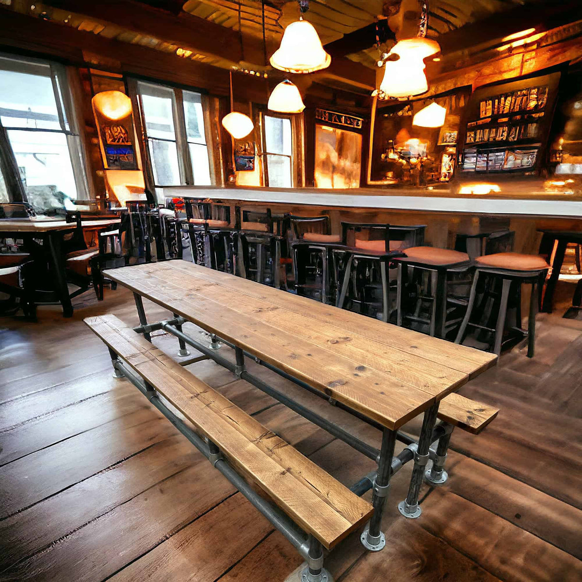 Industrial Pub Table And Integrated Benches | THE HAYES