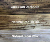 Reclaimed wood finish samples: Jacobean Dark Oak, Natural Danish Oil and Natural Clear Wax.