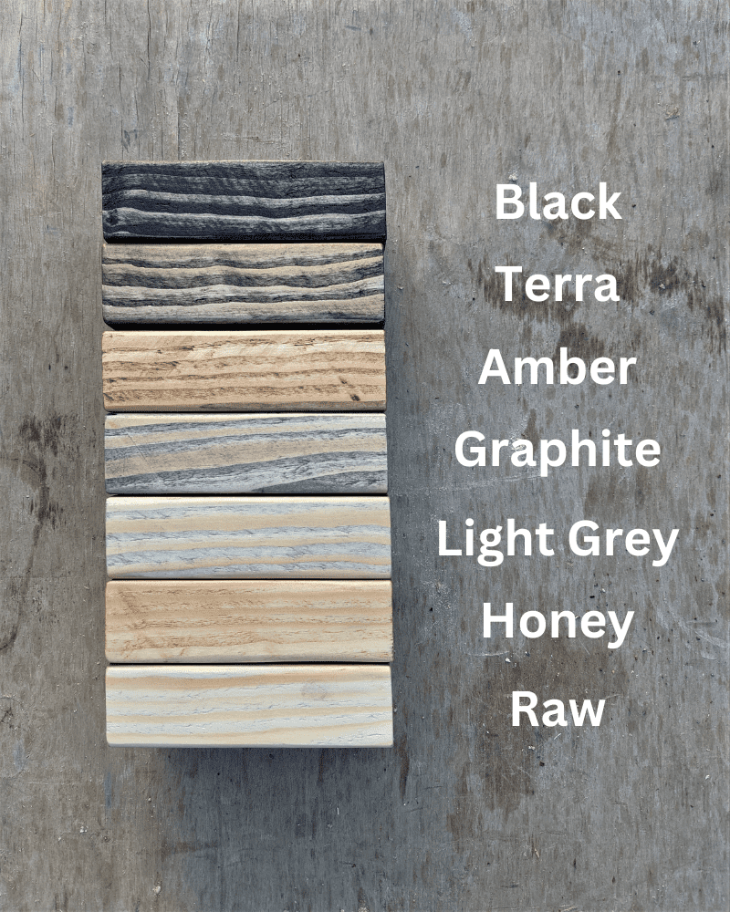 Seven Osmo wood-finish samples labelled Black, Terra, Amber, Graphite, Light Grey, Honey and Raw.