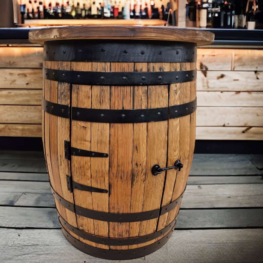 Oak Whiskey Barrel Cabinet With Tabletop**** Barrel Storage Unit With Door – THE WHATMORE