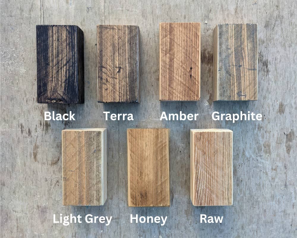 Wood finish samples labelled Black, Terra, Amber and Graphite