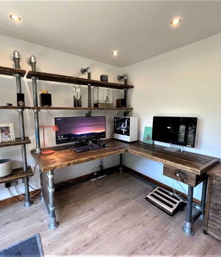 Bespoke L-shaped industrial desk and wall shelving