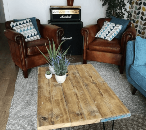 Reclaimed wood coffee table in a living room