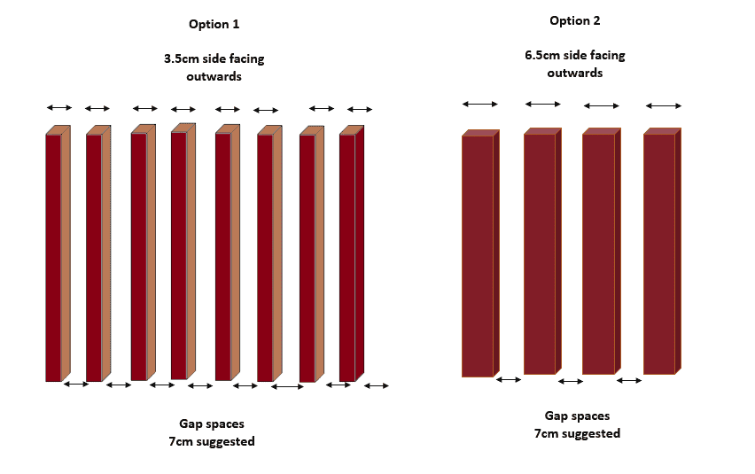 Two illustrated room-divider spacing options using narrow and wide slats.