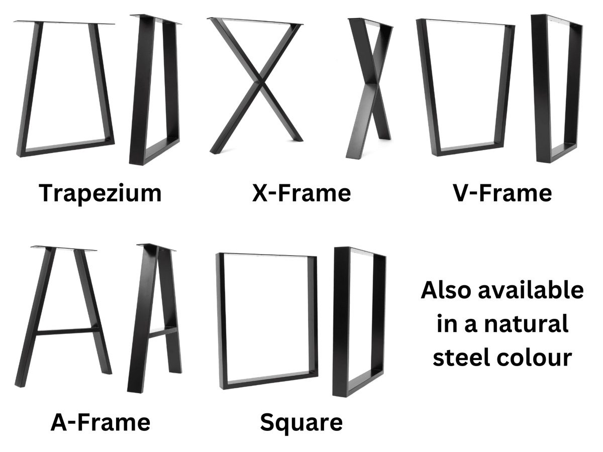 Industrial furniture leg options including trapezium, X-frame, V-frame, A-frame and square styles
