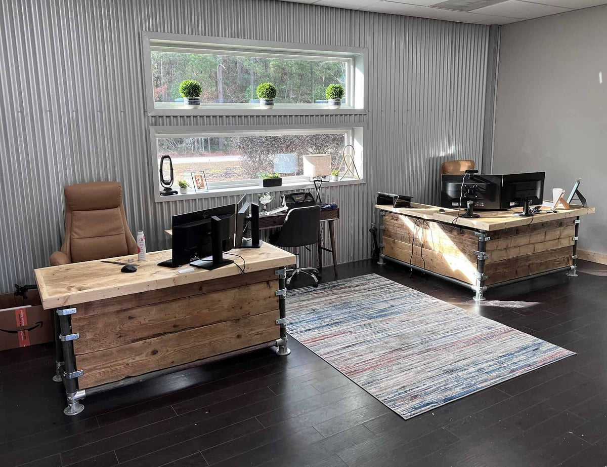Reclaimed wood desks in a shared office
