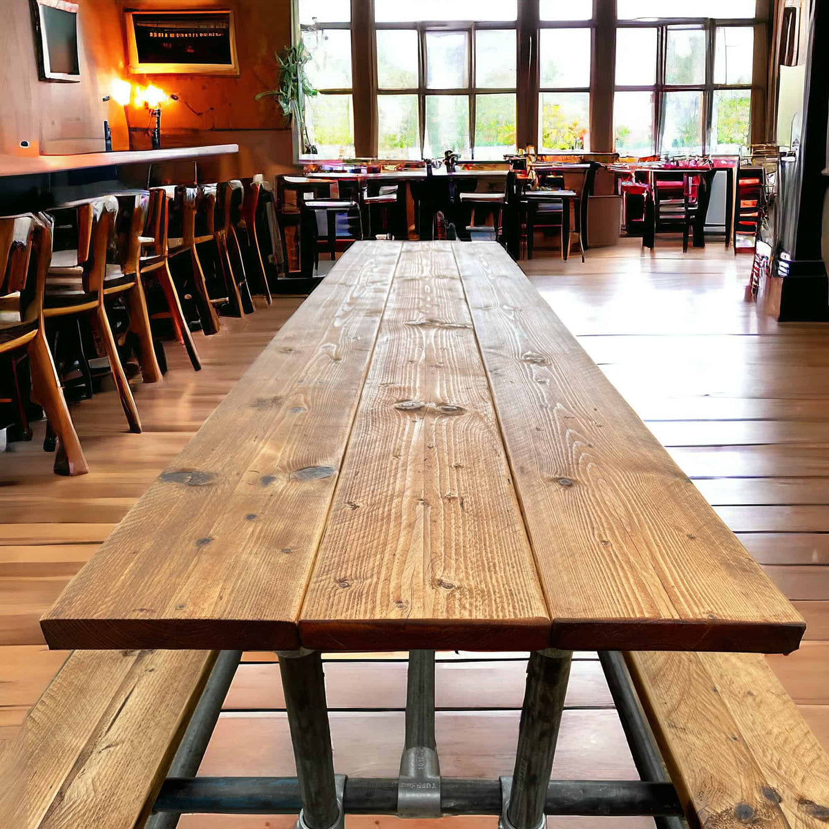 Industrial Pub Table And Integrated Benches | THE HAYES
