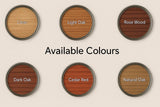 Six outdoor wood-finish colours: Clear, Light Oak, Rose Wood, Dark Oak, Cedar Red and Natural Oak.
