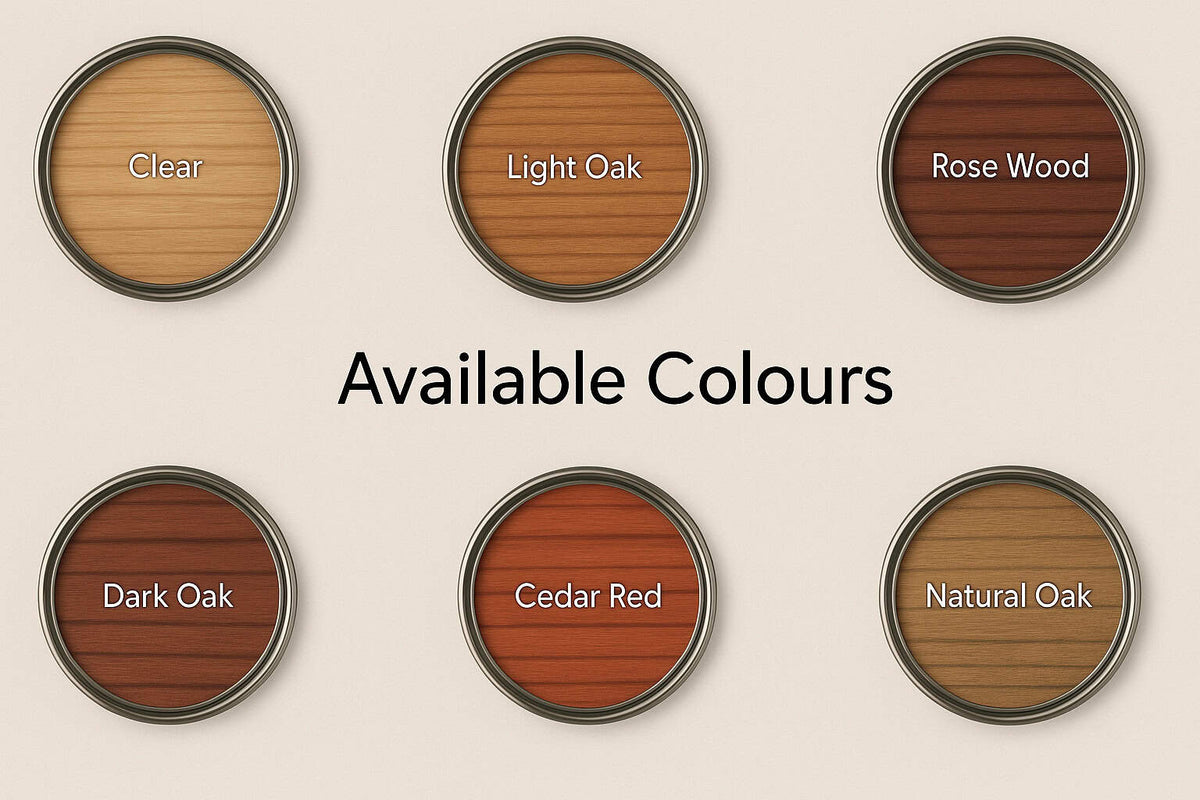 Six outdoor wood-finish colours: Clear, Light Oak, Rose Wood, Dark Oak, Cedar Red and Natural Oak.