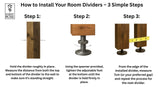 Three-step room-divider installation guide: align the divider, tighten the adjustable foot, then measure a 7 cm gap before installing the next divider.