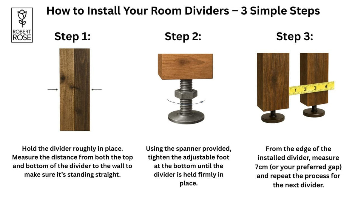 Three-step room-divider installation guide: align the divider, tighten the adjustable foot, then measure a 7 cm gap before installing the next divider.
