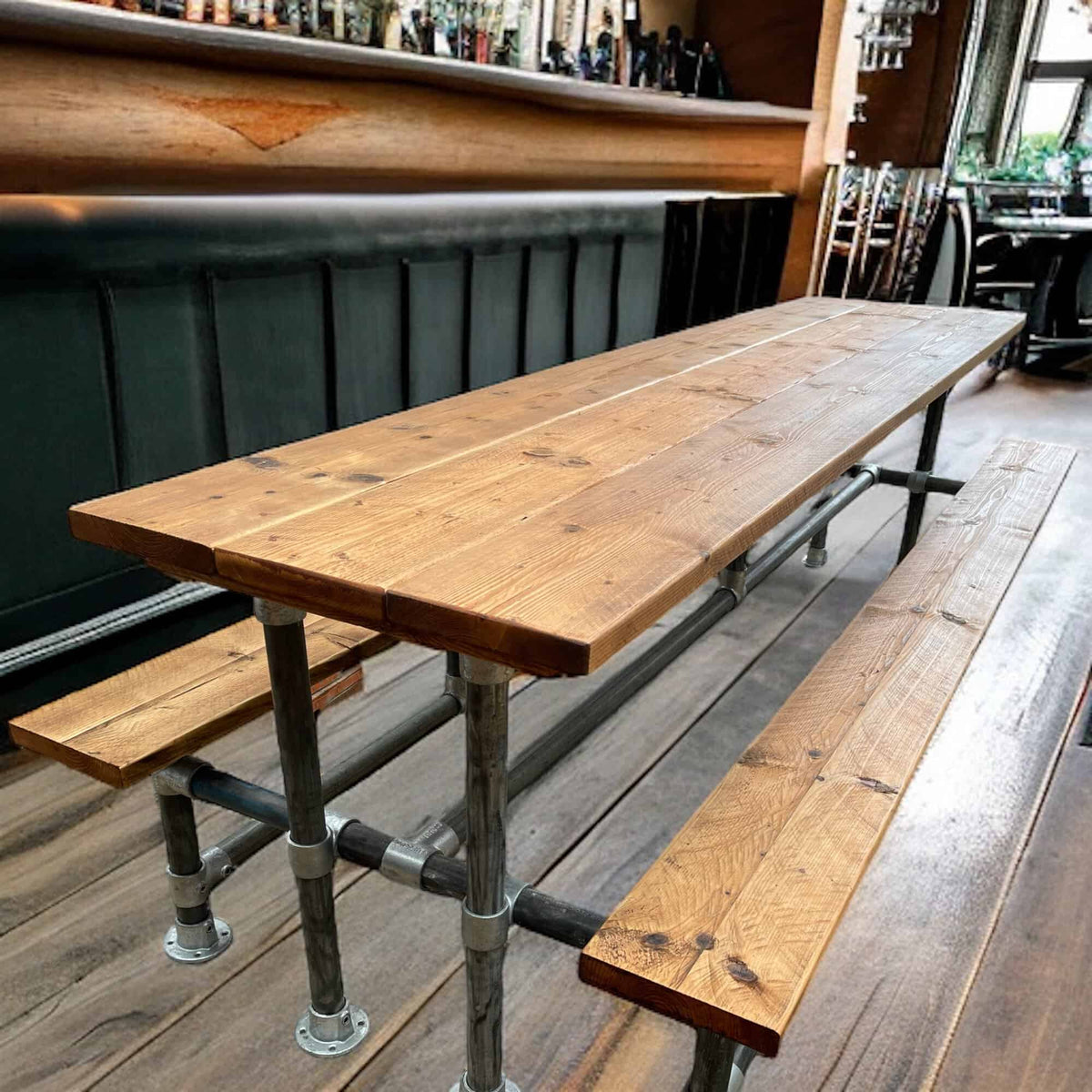 Industrial Pub Table And Integrated Benches | THE HAYES