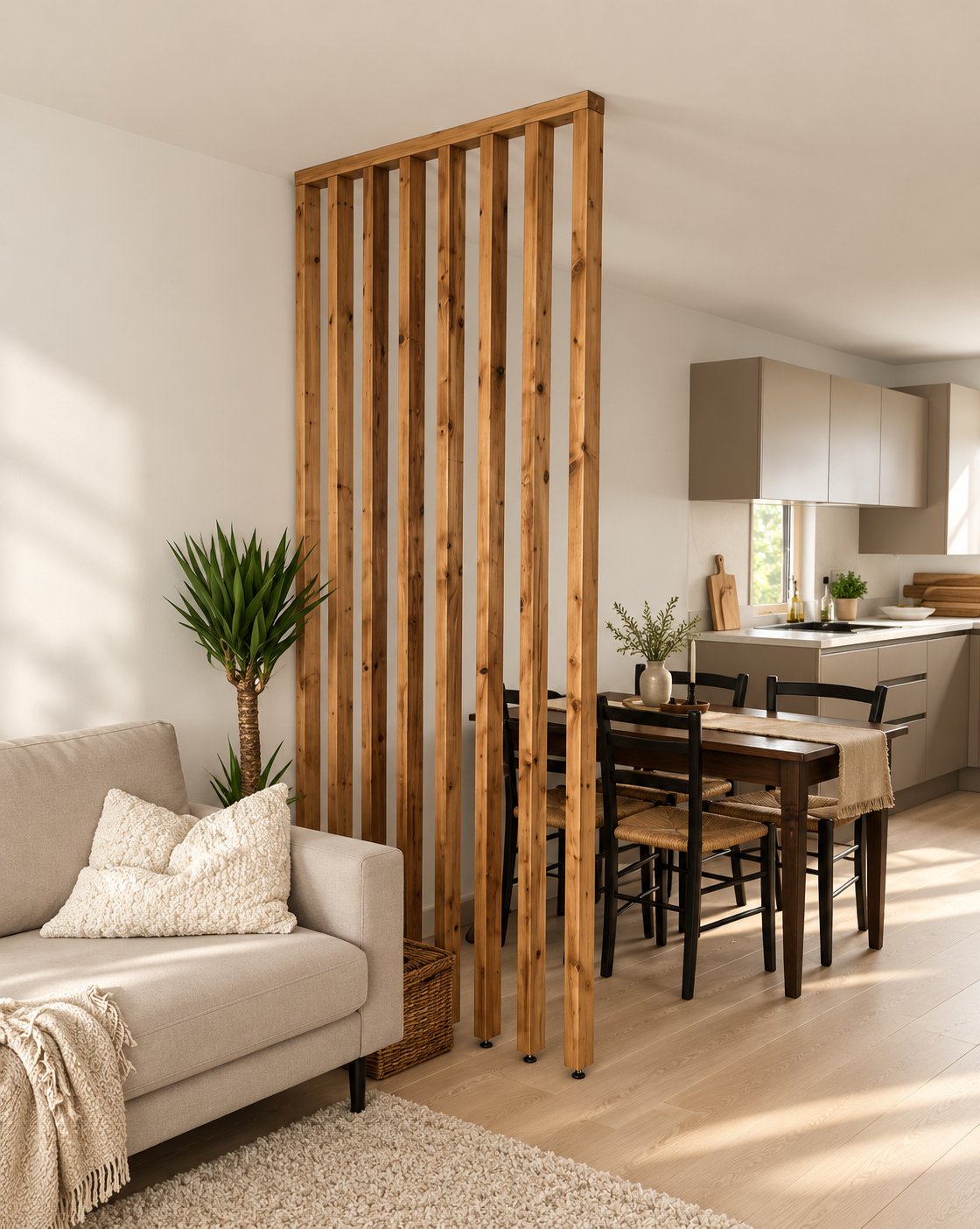 Shaw walnut-finished wooden slat room divider with a ceiling batten and adjustable feet between a Scandinavian living and dining area.