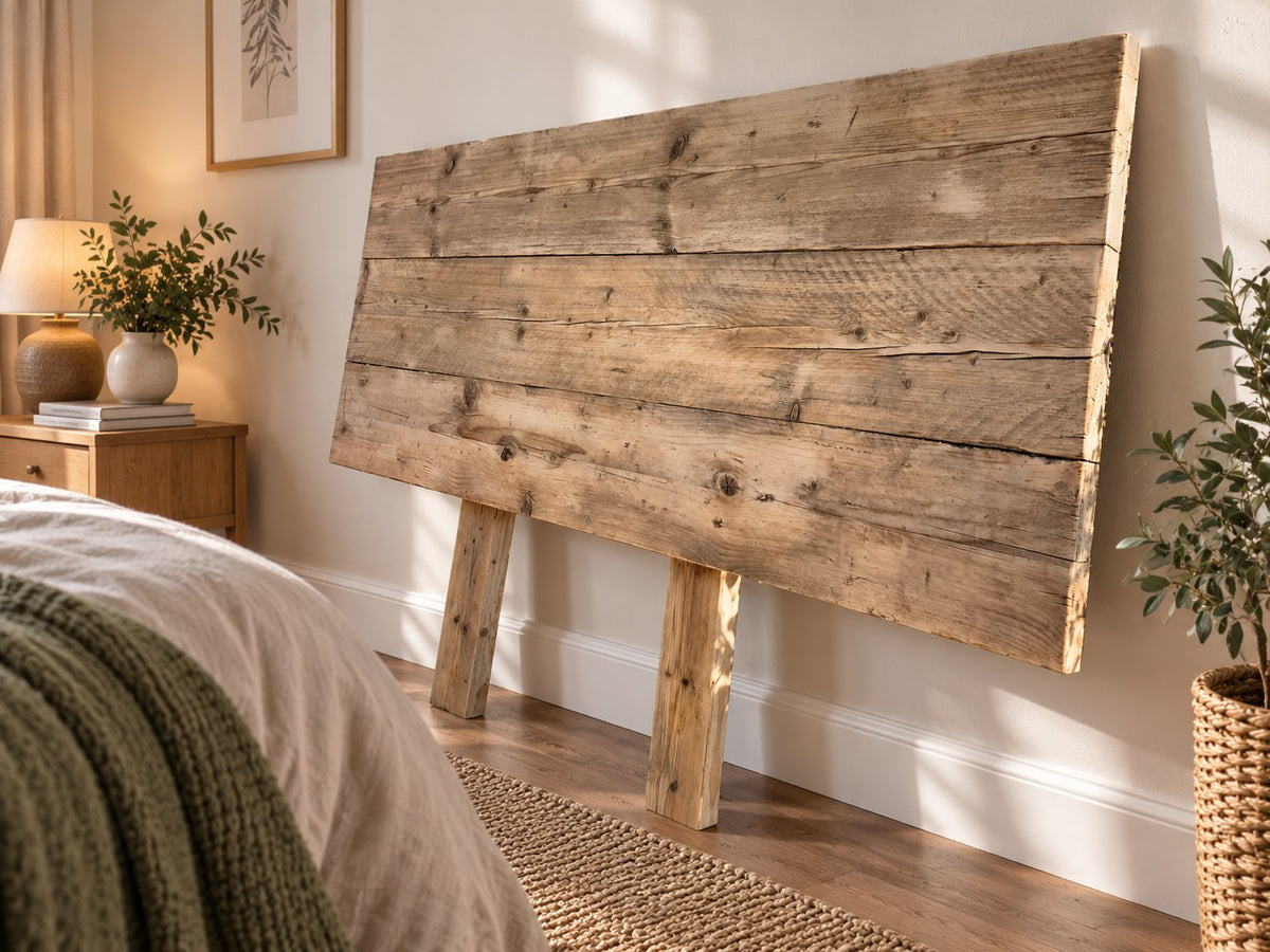 The Southville reclaimed wood headboard in a bedroom