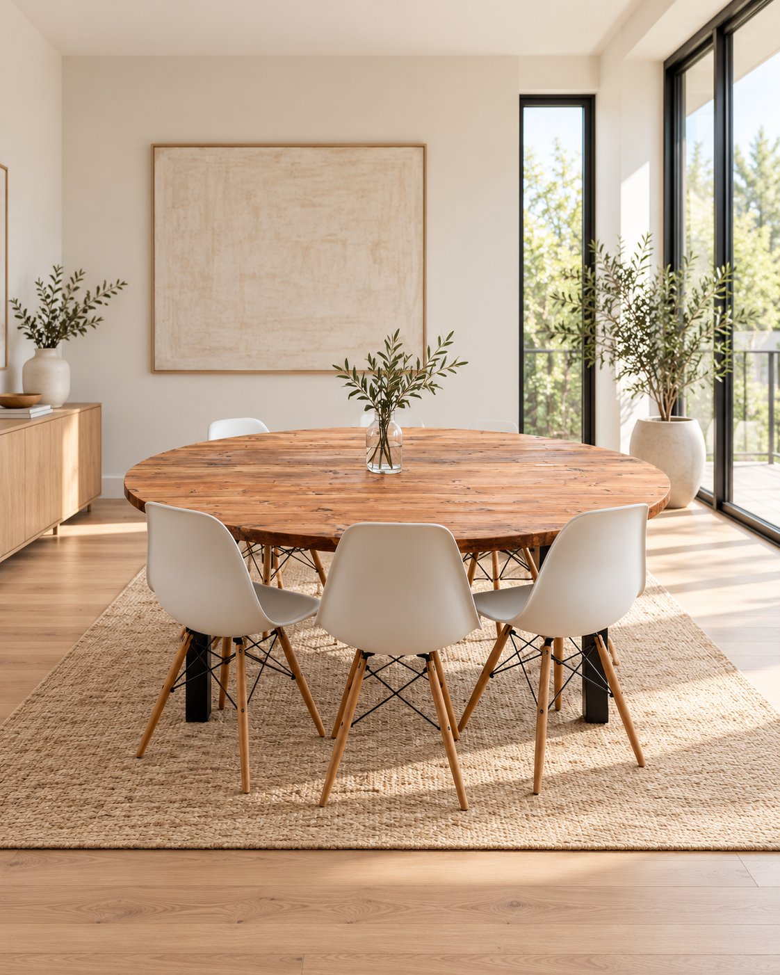 Stockwood round reclaimed wood dining table in an amber finish, surrounded by white chairs in a bright Scandinavian dining room.
