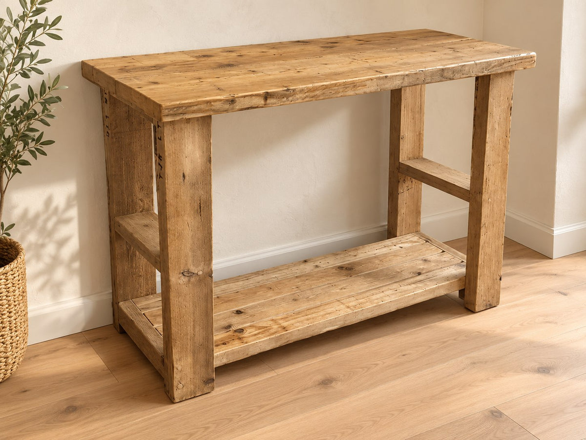 Tarrant reclaimed wood vanity console table with four chunky legs and a lower storage shelf in a Scandinavian interior.