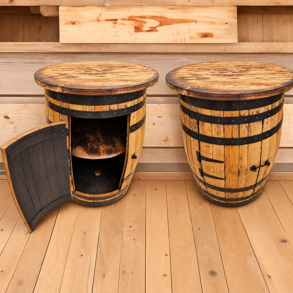 Oak Whiskey Barrel Cabinet With Tabletop | Barrel Storage Unit With Door – THE WHATMORE showing the reclaimed wood product
