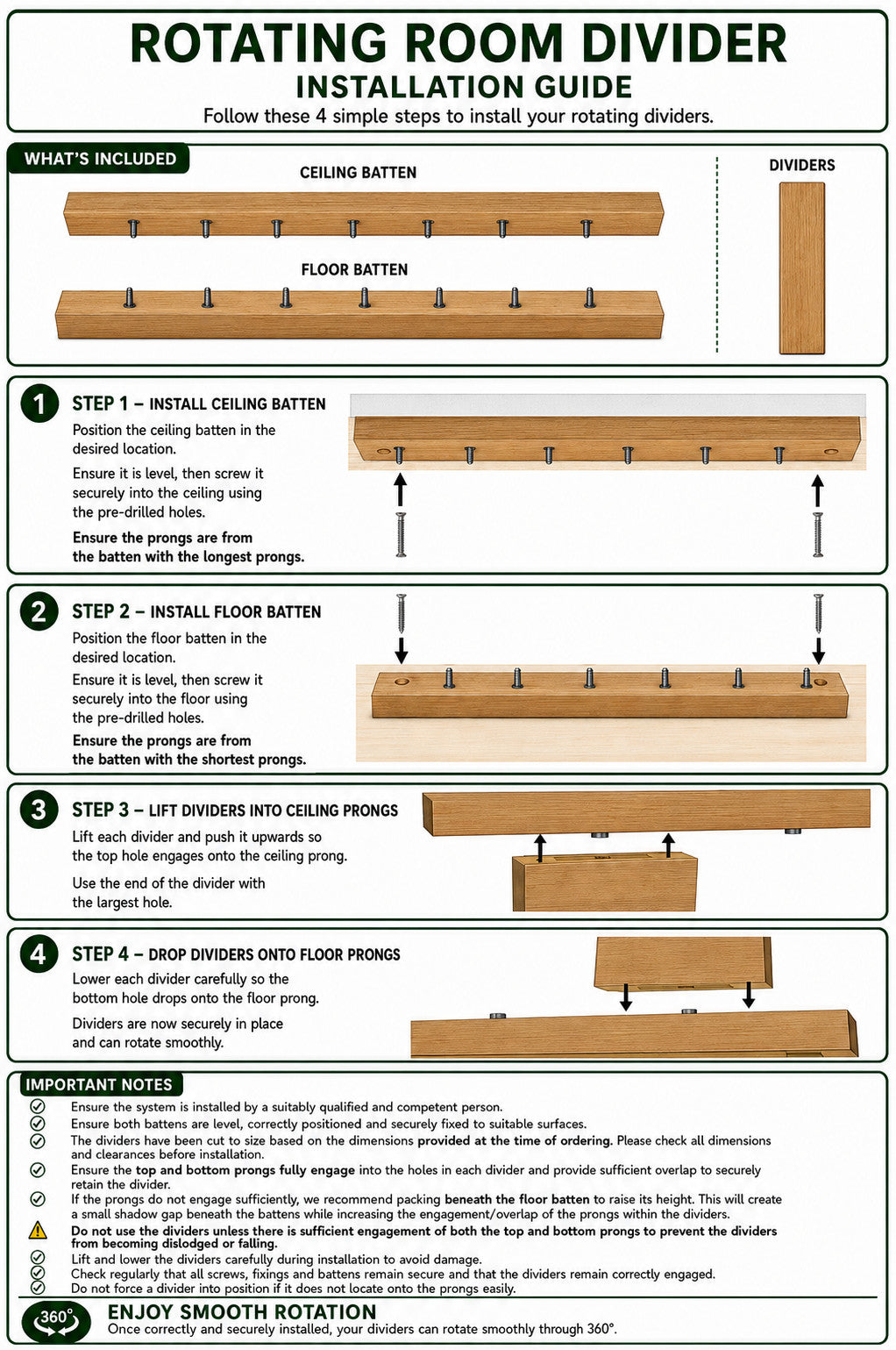 Rotating room divider installation guide, portrait layout