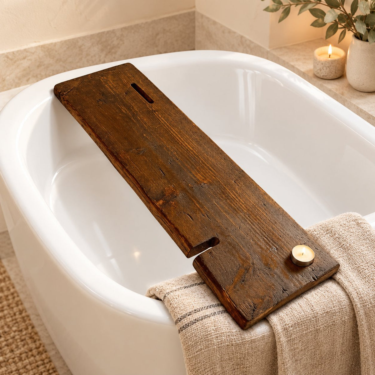 Woolston dark reclaimed wood bath caddy with a glass slot and rectangular cut-out across a white bathtub in a warm Scandinavian bathroom.
