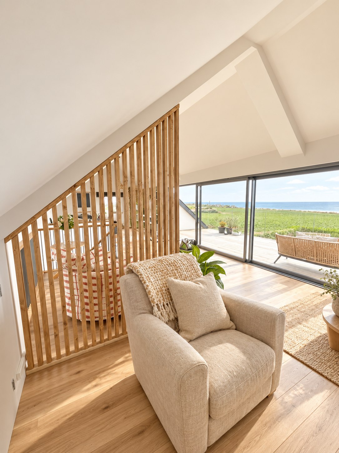York wooden slat room divider with a slanted top following a pitched ceiling in a Scandinavian living room.